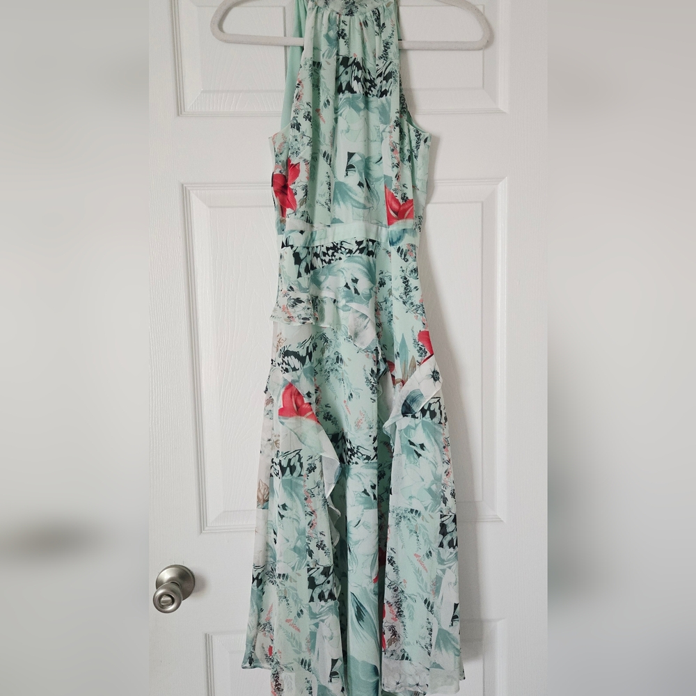Mint Floral Ruffle Maxi Dress with Coral Accents